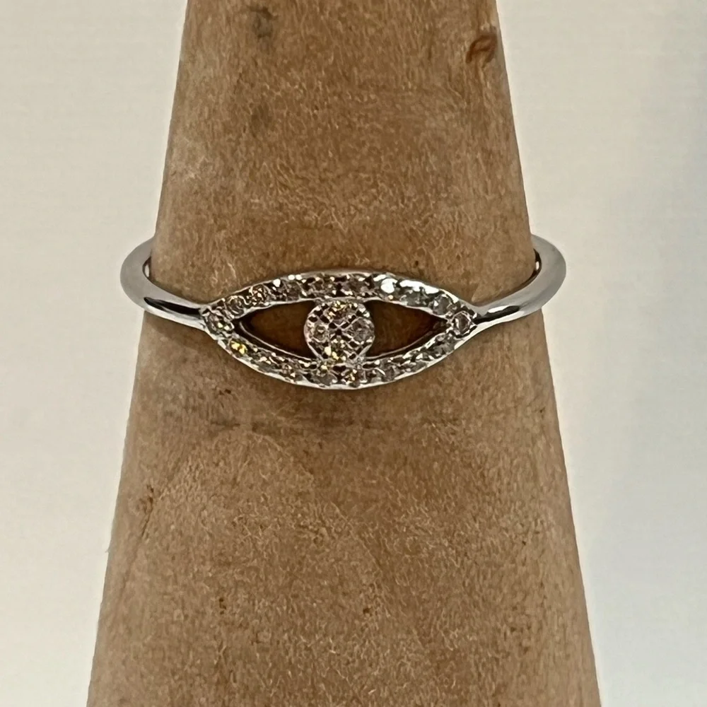 SOLID 925 STERLING SILVER DAINTY EVIL EYE RING CUBIC ZIRCONIA - Picture 5 of 6